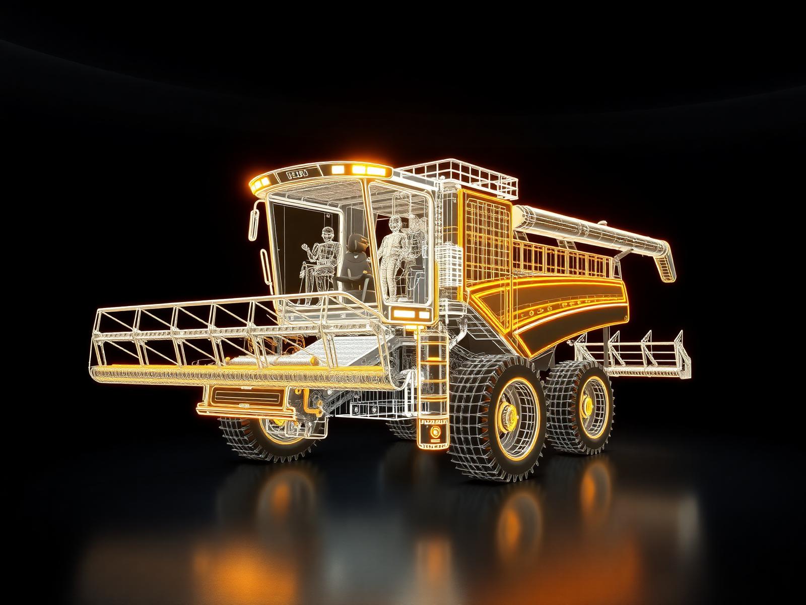 Wireframe render of a modern agricultural harvester with wide draper header