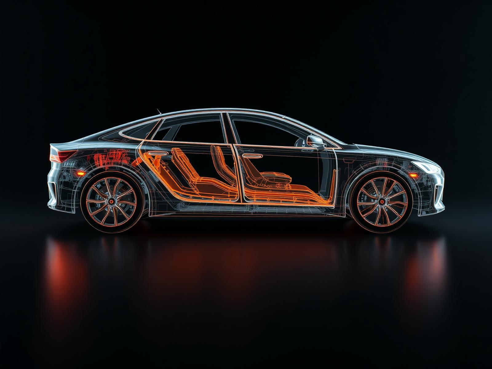 Wireframe render of an electric vehicle showing internal battery pack and structural chassis