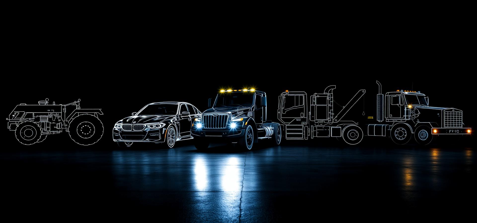 Lineup of vehicles — tractor, sedan, SUV, semi truck and construction wrecker — showcasing Linamar's mobility structures
